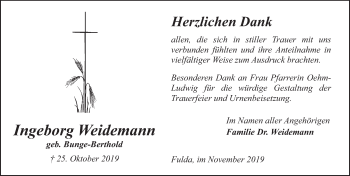 Traueranzeige von Ingeborg Weidemann von FZ