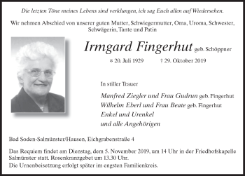 Traueranzeige von Irmgard Fingerhut von FZ