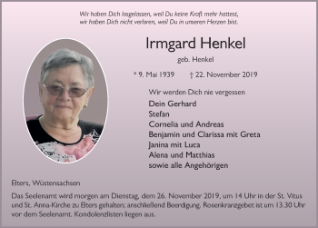 Traueranzeige von Irmgard Henkel von FZ