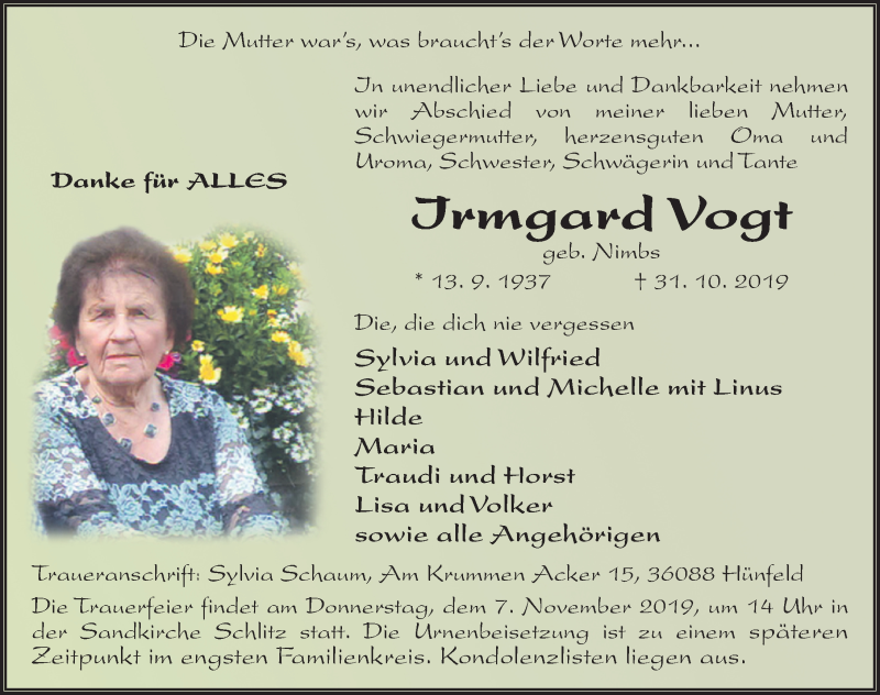  Traueranzeige für Irmgard Vogt vom 02.11.2019 aus FZ