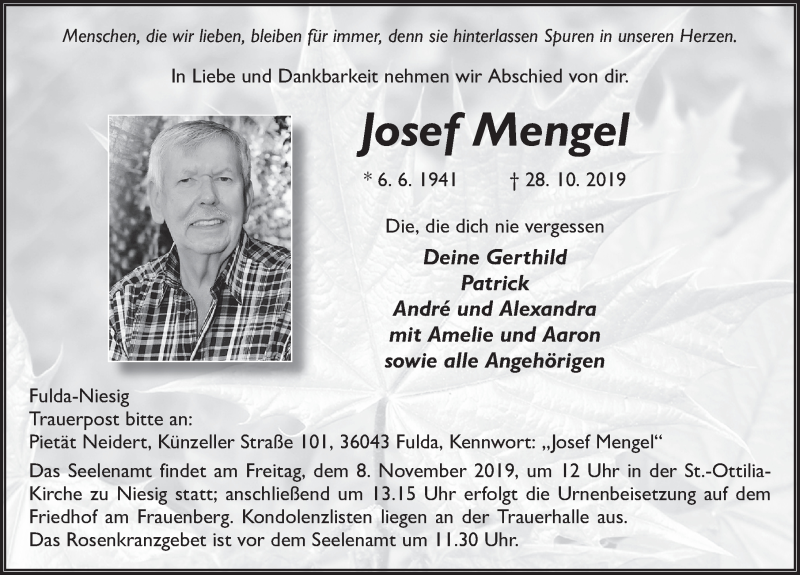  Traueranzeige für Josef Mengel vom 05.11.2019 aus FZ