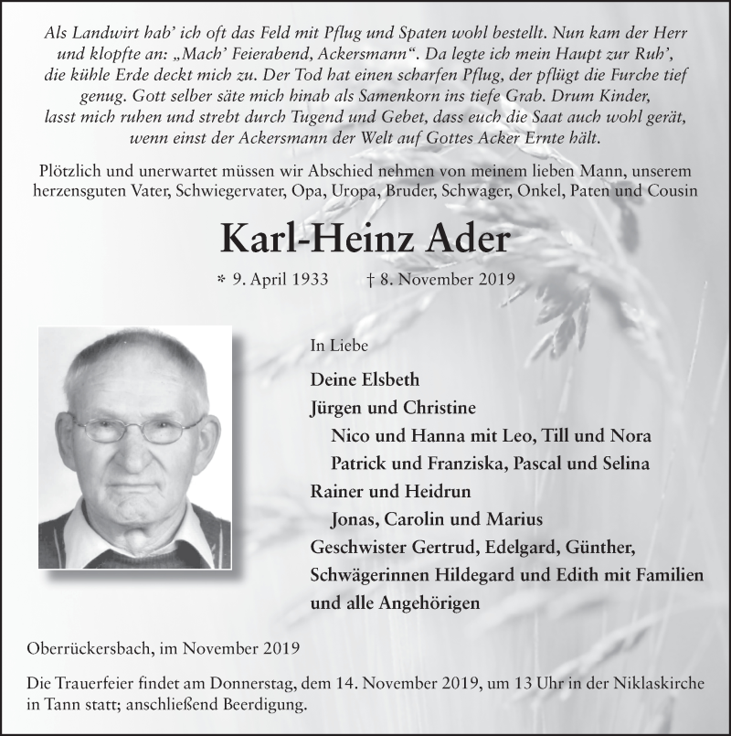  Traueranzeige für Karl-Heinz Ader vom 11.11.2019 aus FZ