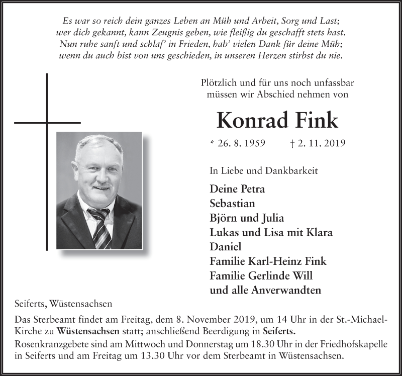  Traueranzeige für Konrad Fink vom 06.11.2019 aus FZ