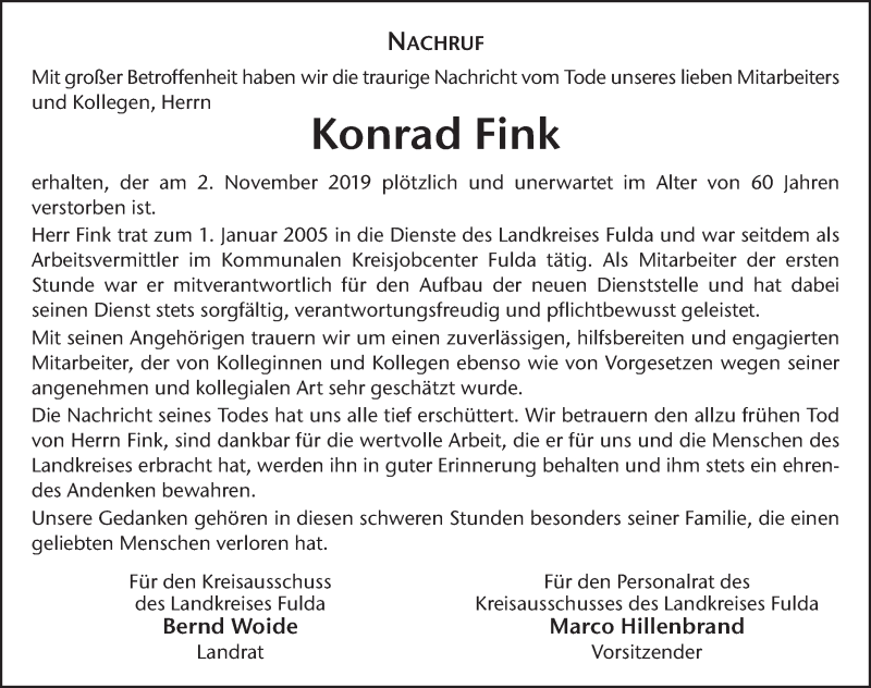  Traueranzeige für Konrad Fink vom 06.11.2019 aus FZ