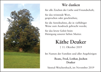 Traueranzeige von Käthe Deuker von FZ