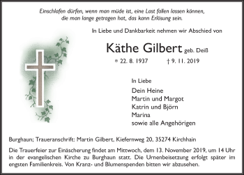 Traueranzeige von Käthe Gilbert von FZ