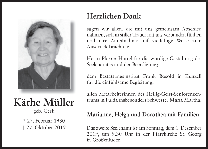 Traueranzeige für Käthe Müller vom 27.11.2019 aus FZ