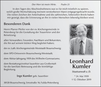 Traueranzeige von Leonhard Kumler von FZ