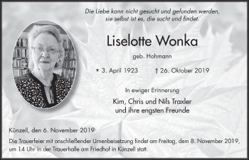 Traueranzeige von Liselotte Wonka von FZ