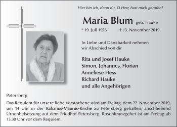 Traueranzeige von Maria Blum von FZ