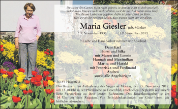 Traueranzeige von Maria Giesler von FZ