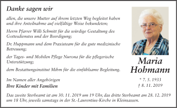 Traueranzeige von Maria Hohmann von FZ