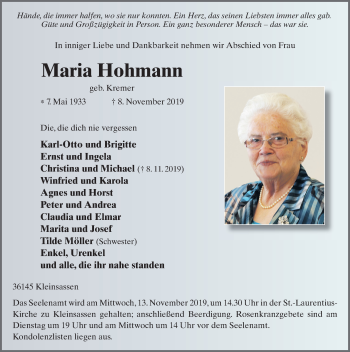 Traueranzeige von Maria Hohmann von FZ