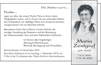Traueranzeige von Maria Zentgraf von FZ