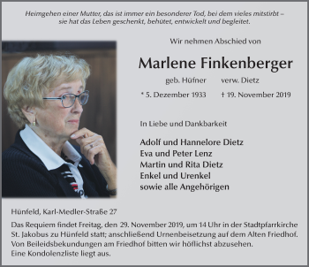 Traueranzeige von Marlene Finkenberger von FZ