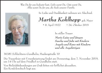 Traueranzeige von Martha Kohlhepp von FZ