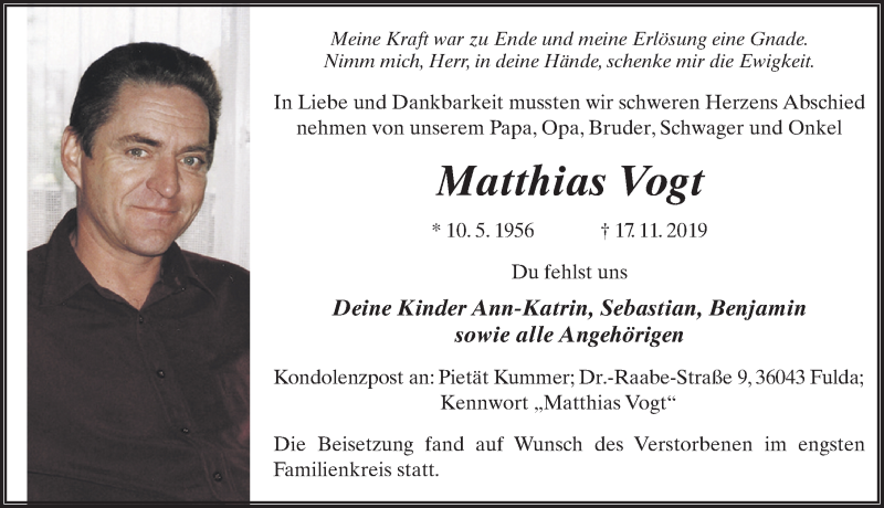  Traueranzeige für Matthias Vogt vom 26.11.2019 aus FZ