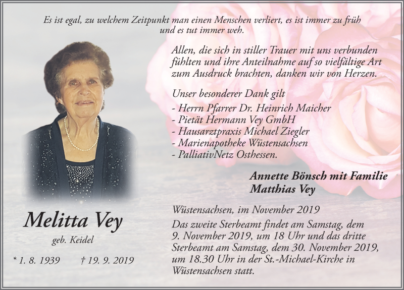  Traueranzeige für Melitta Vey vom 02.11.2019 aus FZ