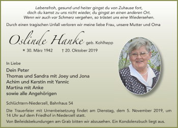 Traueranzeige von Oslinde Hanke von FZ