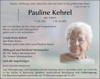 Traueranzeige von Pauline Kehrel von FZ