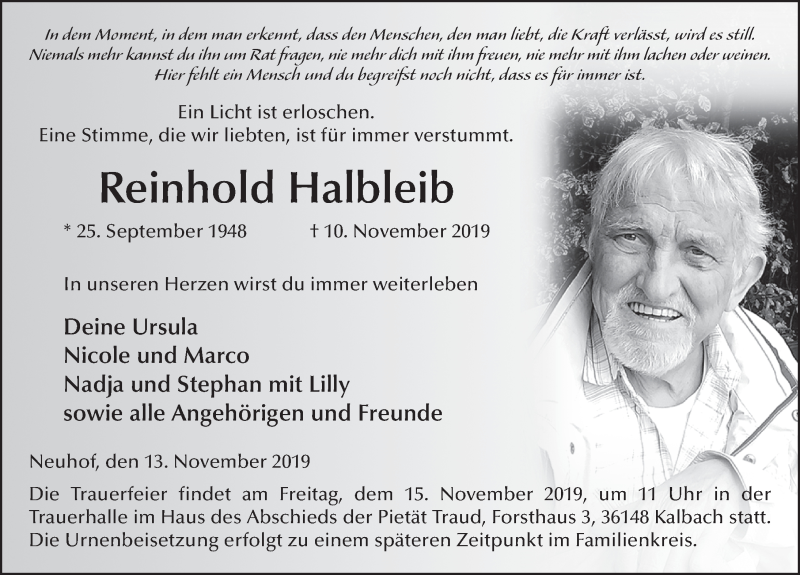  Traueranzeige für Reinhold Halbleib vom 13.11.2019 aus FZ