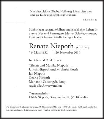 Traueranzeige von Renate Niepoth von FZ