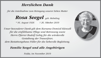Traueranzeige von Rosa Seegel von FZ
