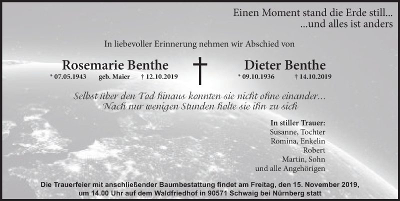  Traueranzeige für Rosemarie und Dieter Benthe vom 09.11.2019 aus FZ