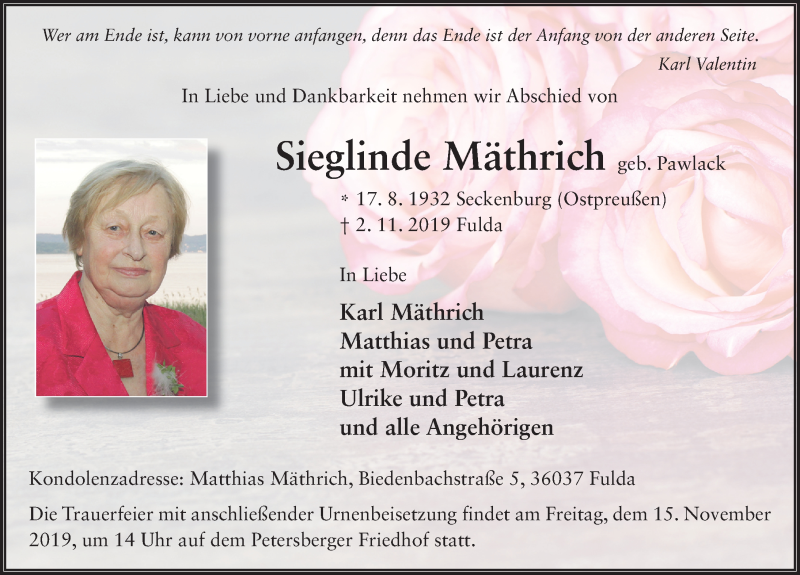  Traueranzeige für Sieglinde Mäthrich vom 09.11.2019 aus FZ