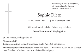 Traueranzeige von Sophie Dietz von FZ