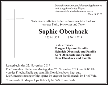 Traueranzeige von Sophie Obenhack von FZ