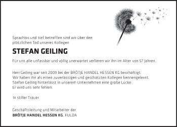 Traueranzeige von Stefan Geiling von FZ