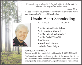 Traueranzeige von Usula Alma Schmieding von FZ