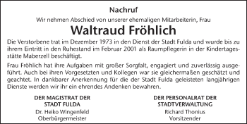 Traueranzeige von Waltraud Fröhlich von FZ