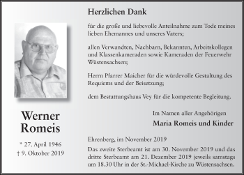 Traueranzeige von Werner Romeis von FZ