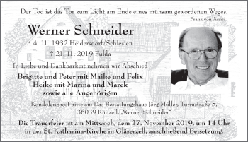 Traueranzeige von Werner Schneider von FZ