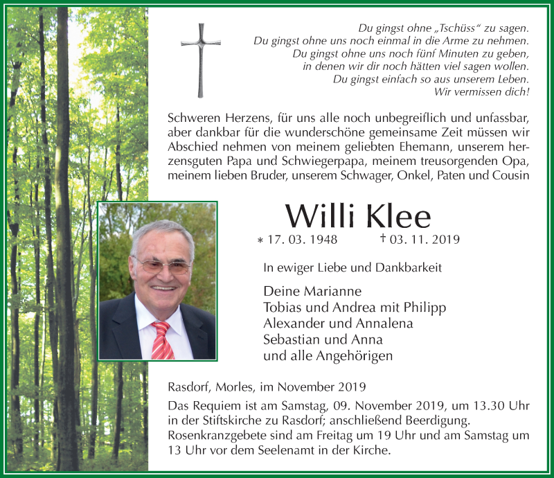 Traueranzeige für Willi Klee vom 07.11.2019 aus FZ