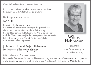 Traueranzeige von Wilma Hohmann von FZ