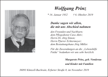 Traueranzeige von Wolfgang Prinz von FZ