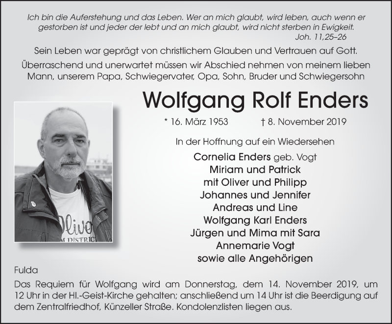  Traueranzeige für Wolfgang Rolf Enders vom 12.11.2019 aus FZ