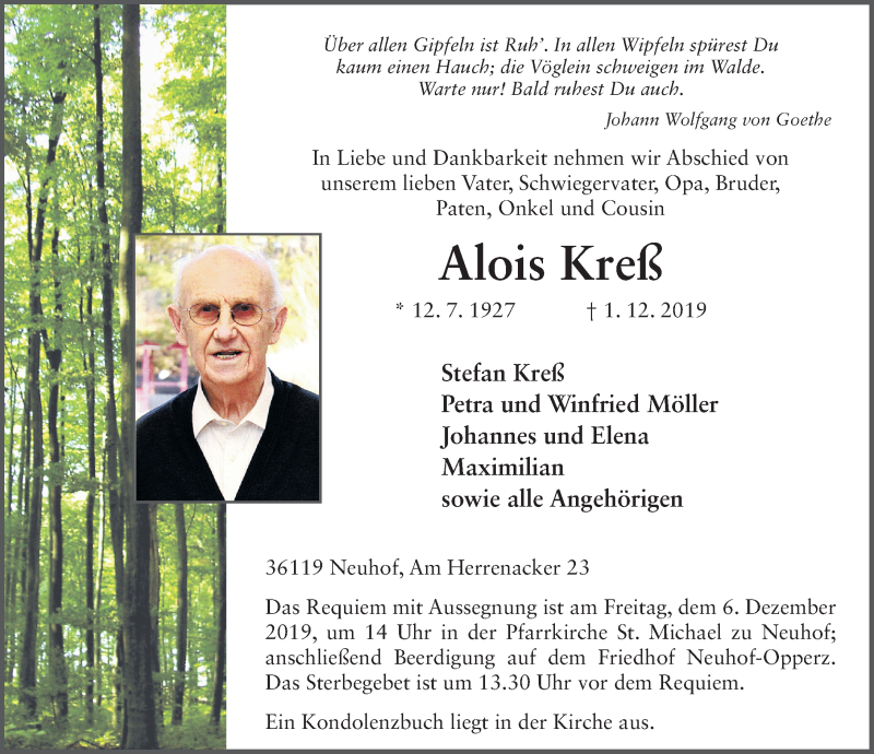  Traueranzeige für Alois Kreß vom 04.12.2019 aus FZ