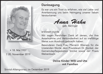 Traueranzeige von Anna Hahn von FZ