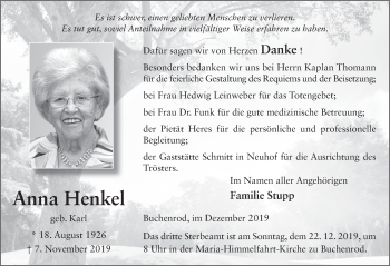 Traueranzeige von Anna Henkel von FZ