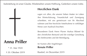 Traueranzeige von Anna Priller von FZ