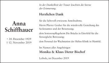 Traueranzeige von Anna Schiffhauer von FZ
