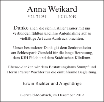 Traueranzeige von Anna Weikard von FZ