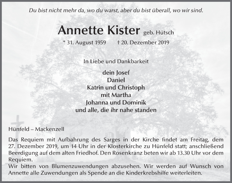  Traueranzeige für Annette Kister vom 24.12.2019 aus FZ