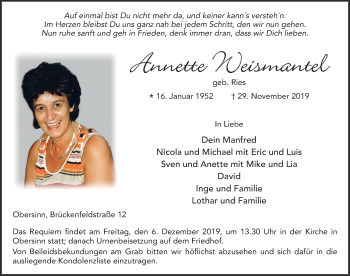 Traueranzeige von Annette Weismantel von FZ