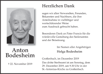 Traueranzeige von Anton Bodesheim von FZ