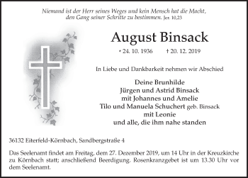 Traueranzeige von August Binsack von FZ